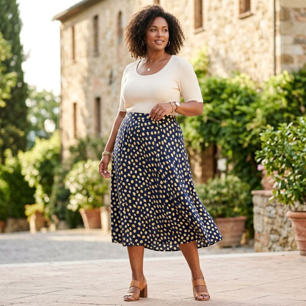 Vintage Navy Blue Abstract Polka Dot A-Line Midi Skirt Size 22W